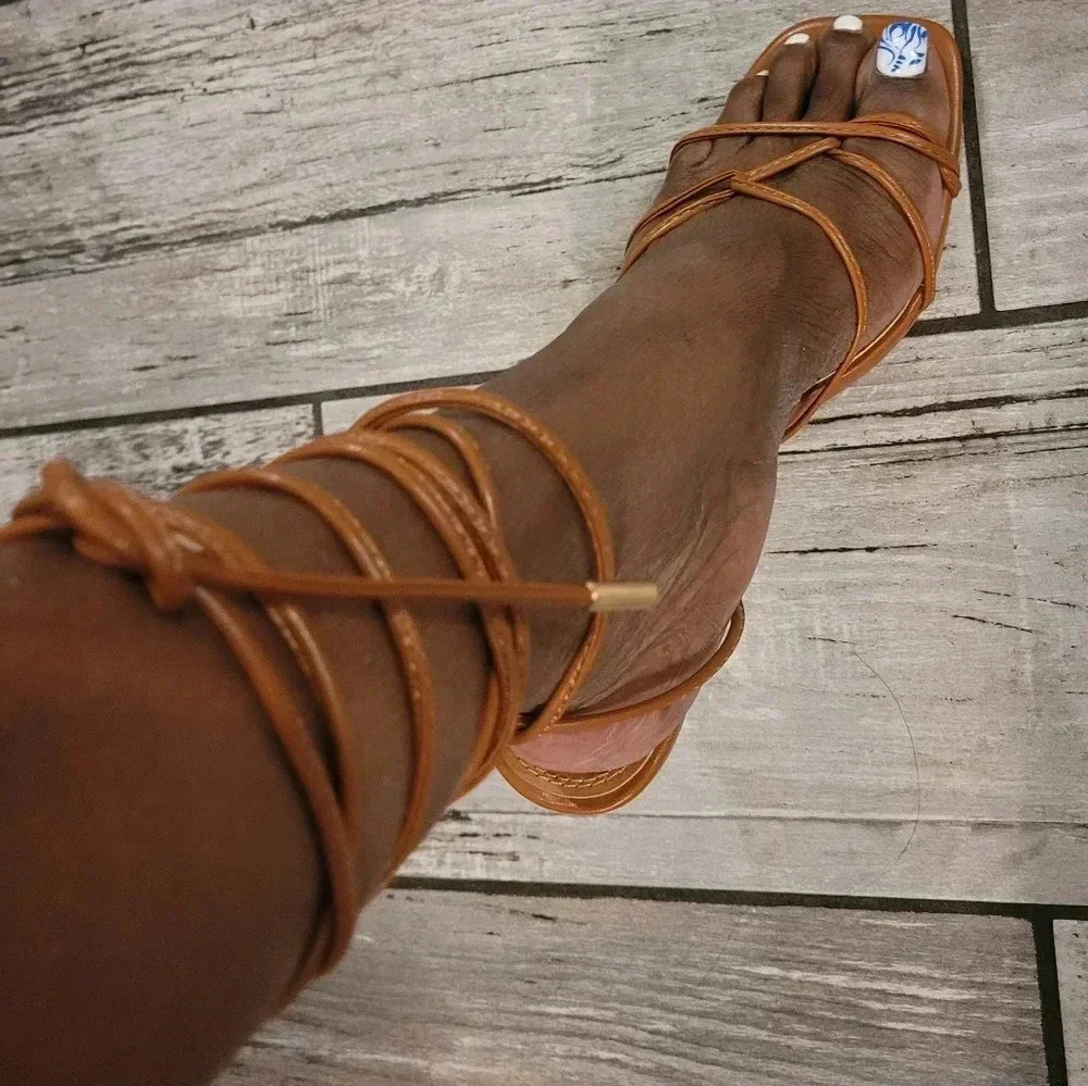 Women's 9 Caramel square toe strappy wrap around laces sandals crystal heels